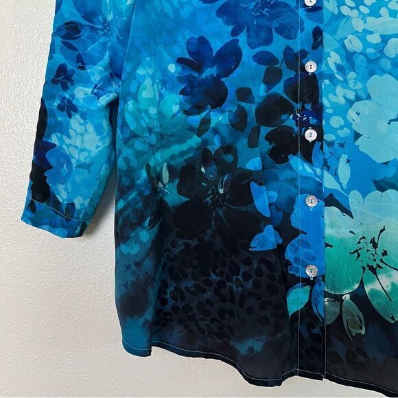 Soft Surroundings Jolene Silk Floral Button Up Shirt Blue Tunic Top Petite Large - Picture 5 of 11
